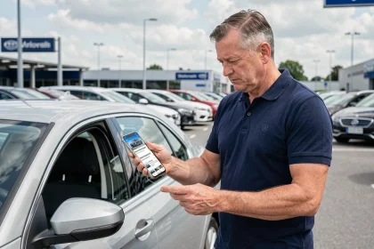 Un homme examine une voiture allemande d'occasion dans un parking de concessionnaire en comparant les prix sur son smartphone