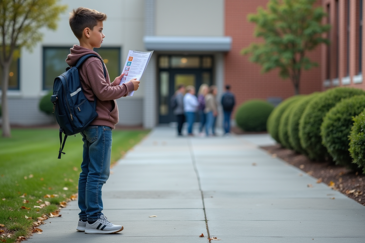 Adolescent vérifiant une liste de sécurité devant une école