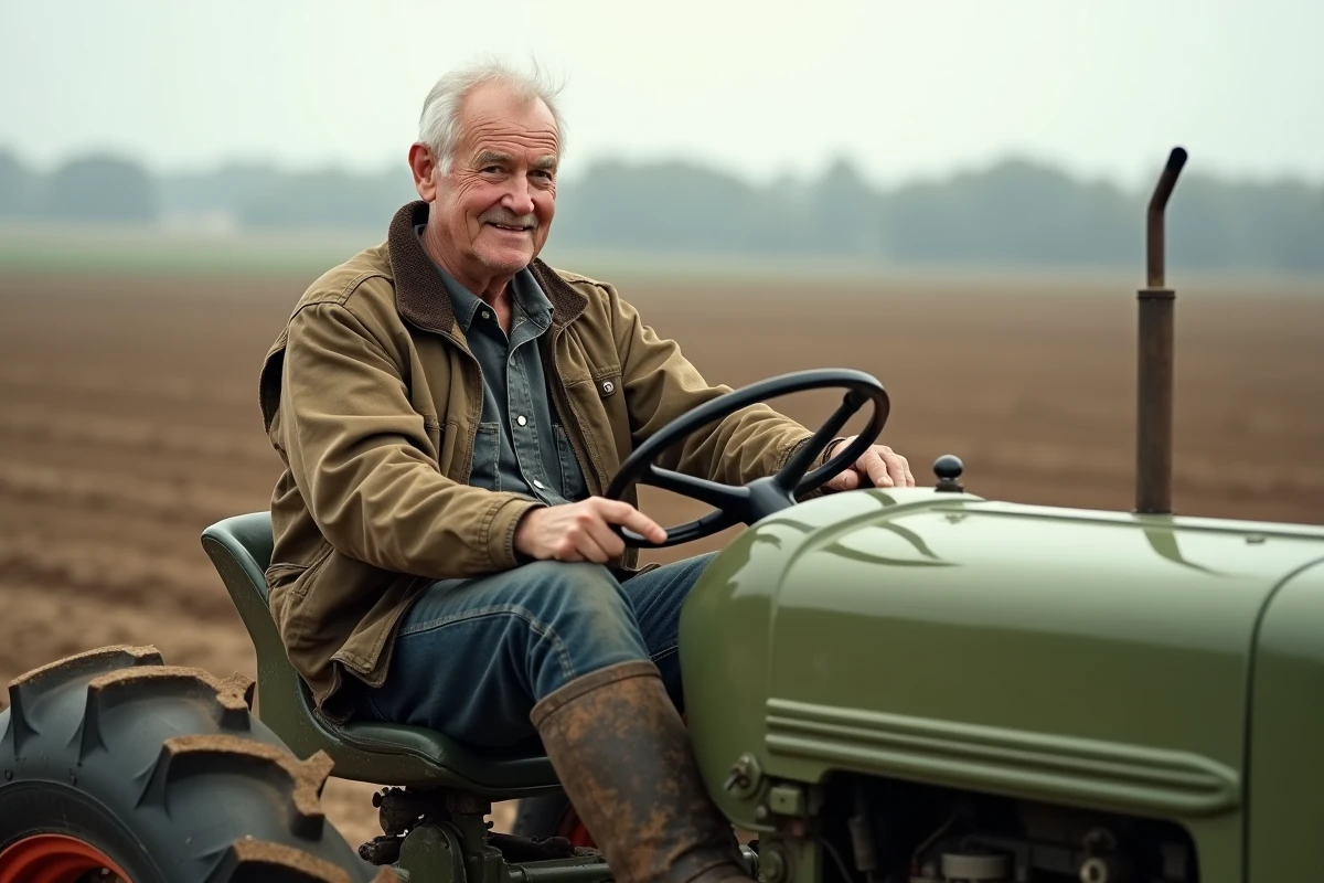 Agriculteur senior assis sur un siège ergonomique neuf monté sur un tracteur ancien restauré en plein champ agricole