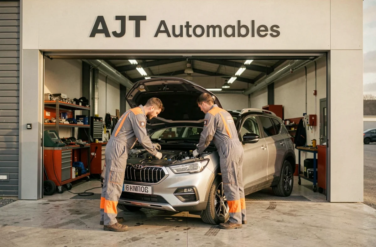 Mécaniciens d'AJT Automobiles à Rennes inspectant le moteur d'un SUV devant l'atelier