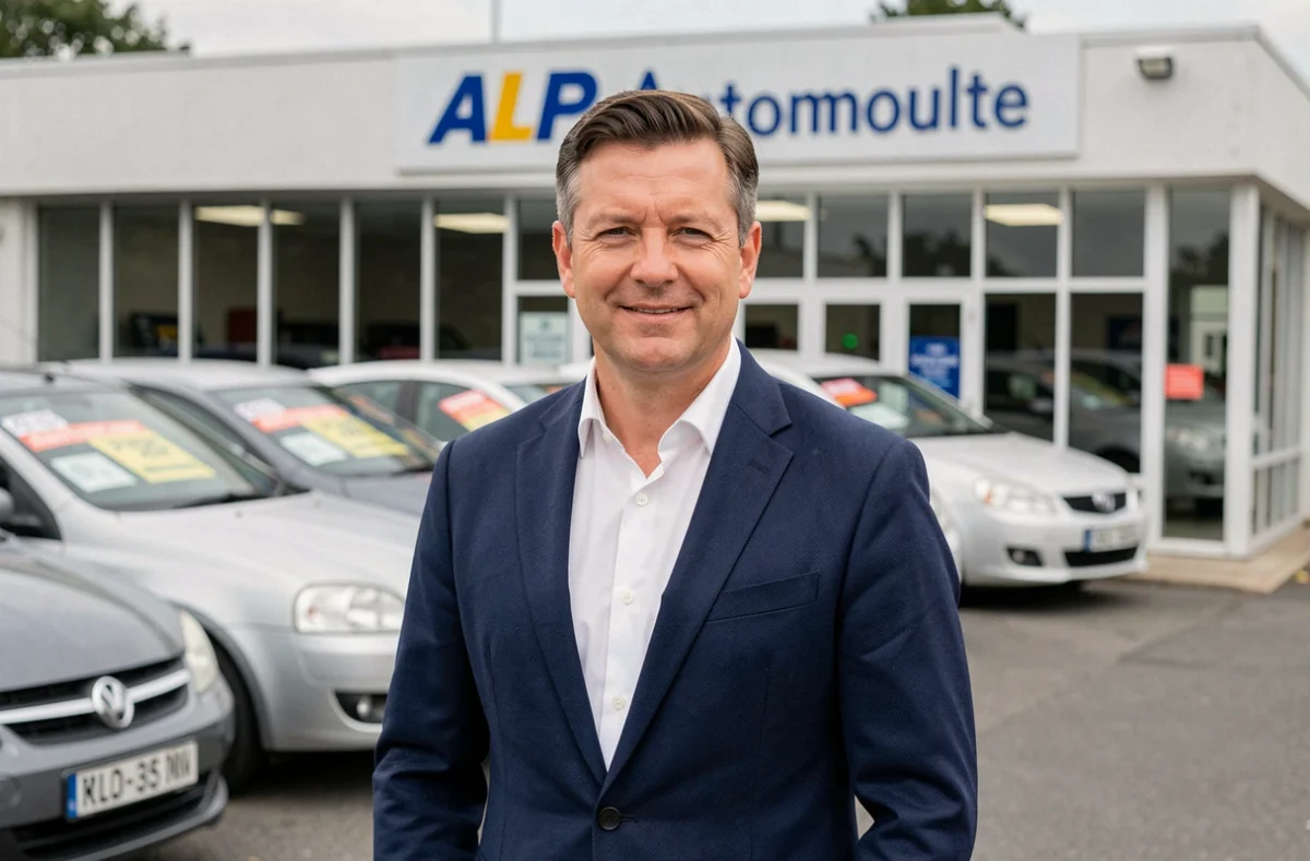 Conseiller commercial devant les véhicules en exposition chez ALP Automobile en Seine-Maritime