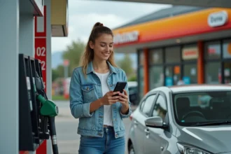 Femme utilisant une application de comparaison de prix d'essence sur smartphone à la station-service