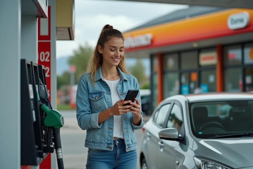 Femme utilisant une application de comparaison de prix d'essence sur smartphone à la station-service