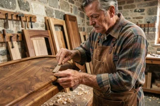 Artisan boiserie automobile sculptant un tableau de bord en bois de noyer dans un atelier traditionnel français