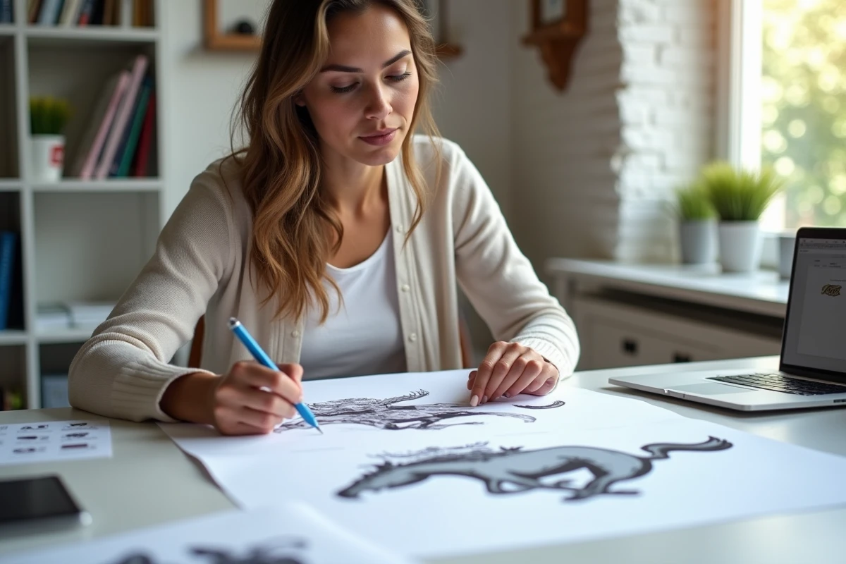 Graphiste femme examinant des feuilles de logo Ford Mustang dans son studio