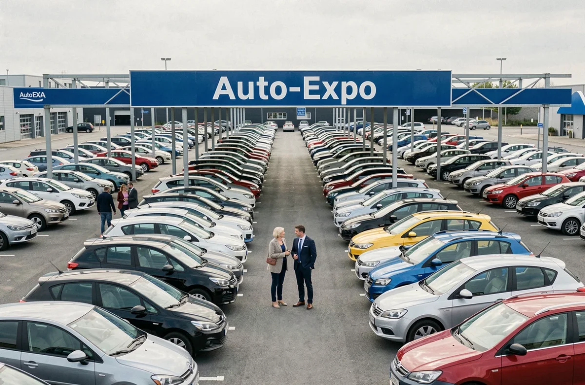 Grand parc de véhicules d'occasion d'Auto-Expo SA à Villeneuve-d'Ascq avec des clients et un vendeur en visite