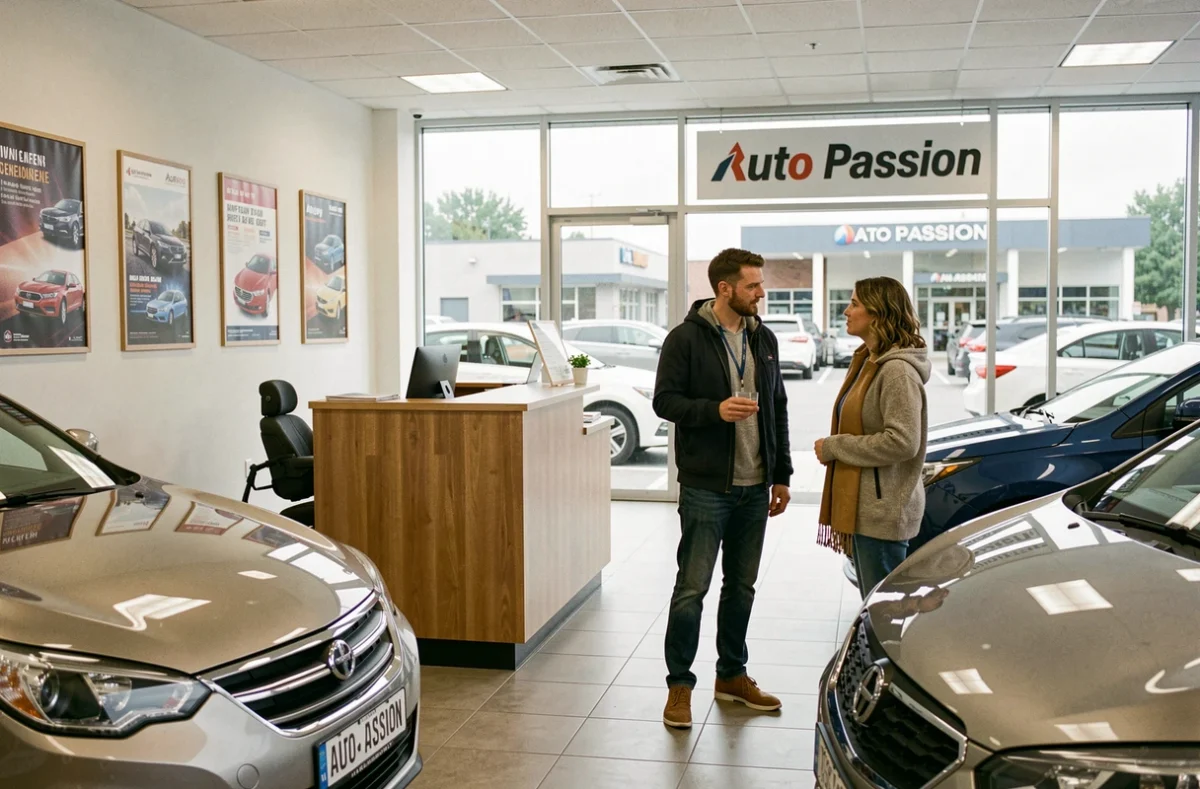 Intérieur du showroom Auto Passion avec un conseiller présentant un véhicule à un couple de clients