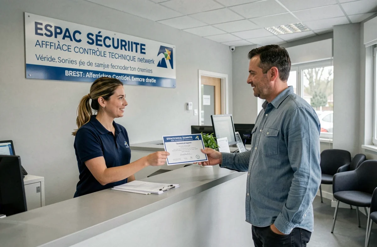 Remise du certificat de contrôle technique à un client au centre Auto Sécurité Espace Contrôle Technique affilié à Brest