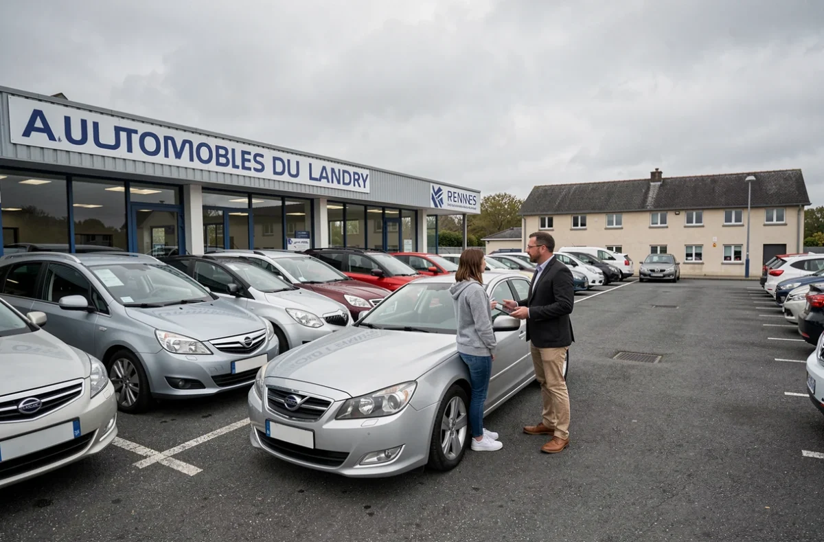 Lot de voitures d'occasion chez Automobiles du Landry à Rennes avec un vendeur et des clients