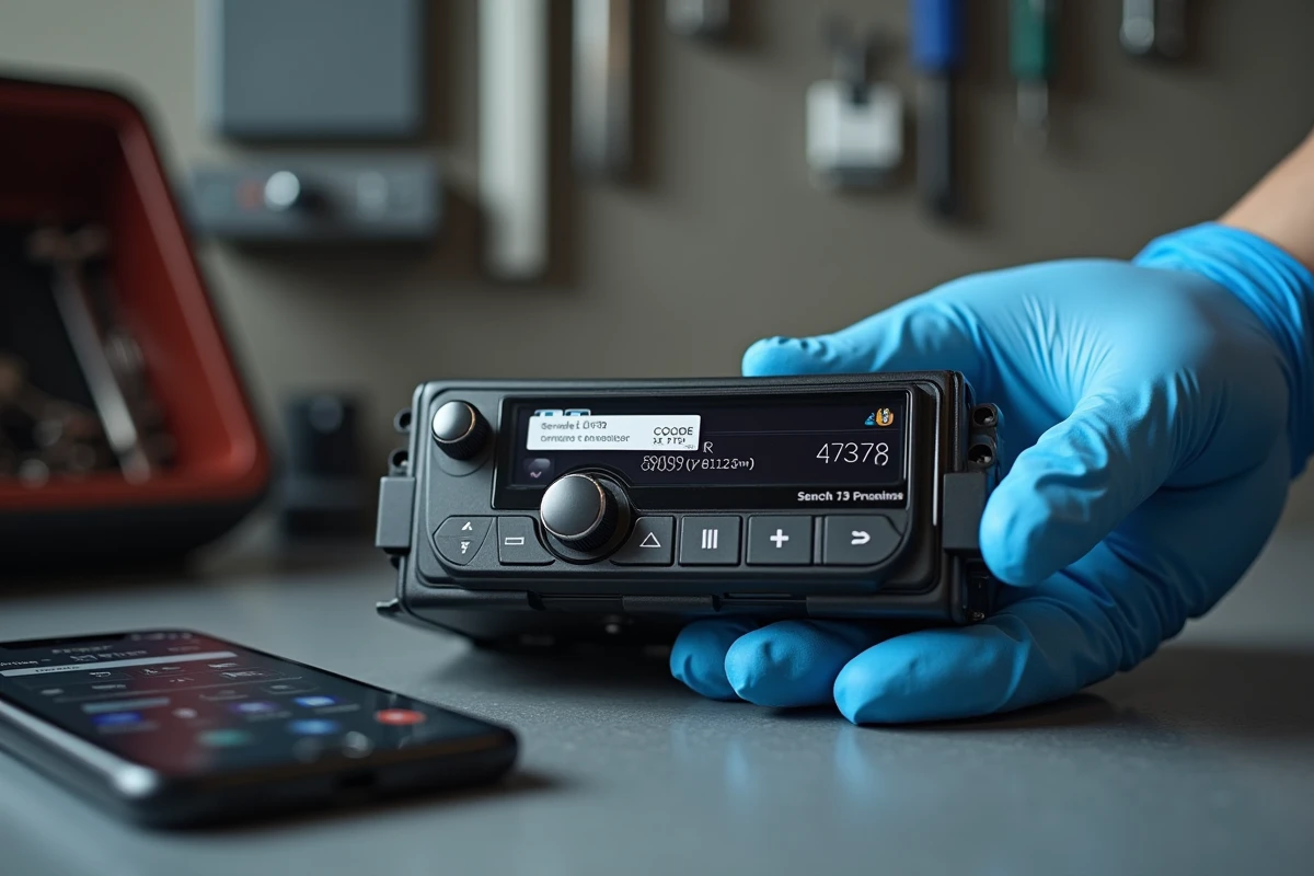Autoradio Renault Clio 3 sorti du tableau de bord avec étiquette précode visible en atelier