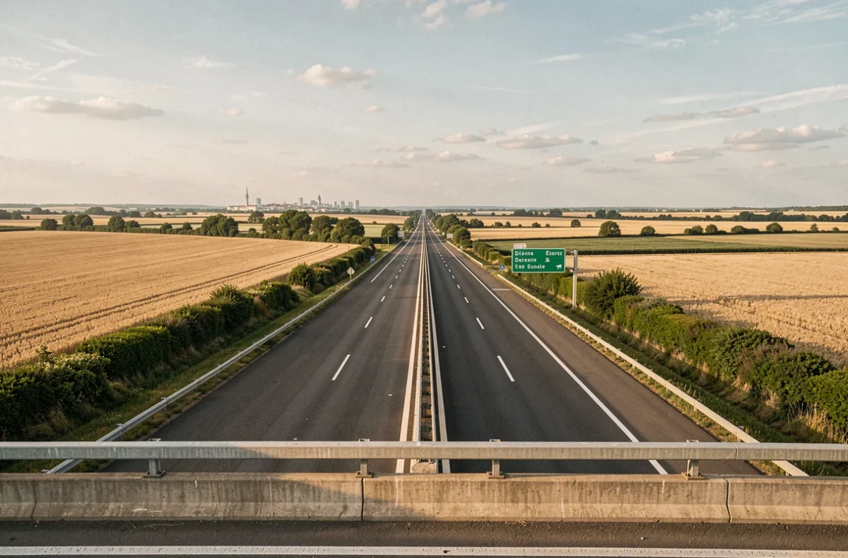 Autoroute française traversant la campagne vue depuis un pont avec panneau de signalisation