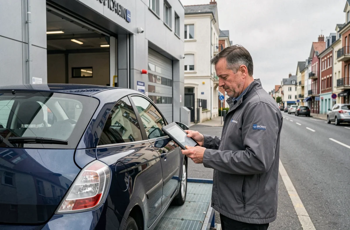 Centre de contrôle technique Autosur Brest Iroise boulevard de Plymouth avec technicien et voiture sur fosse d'inspection