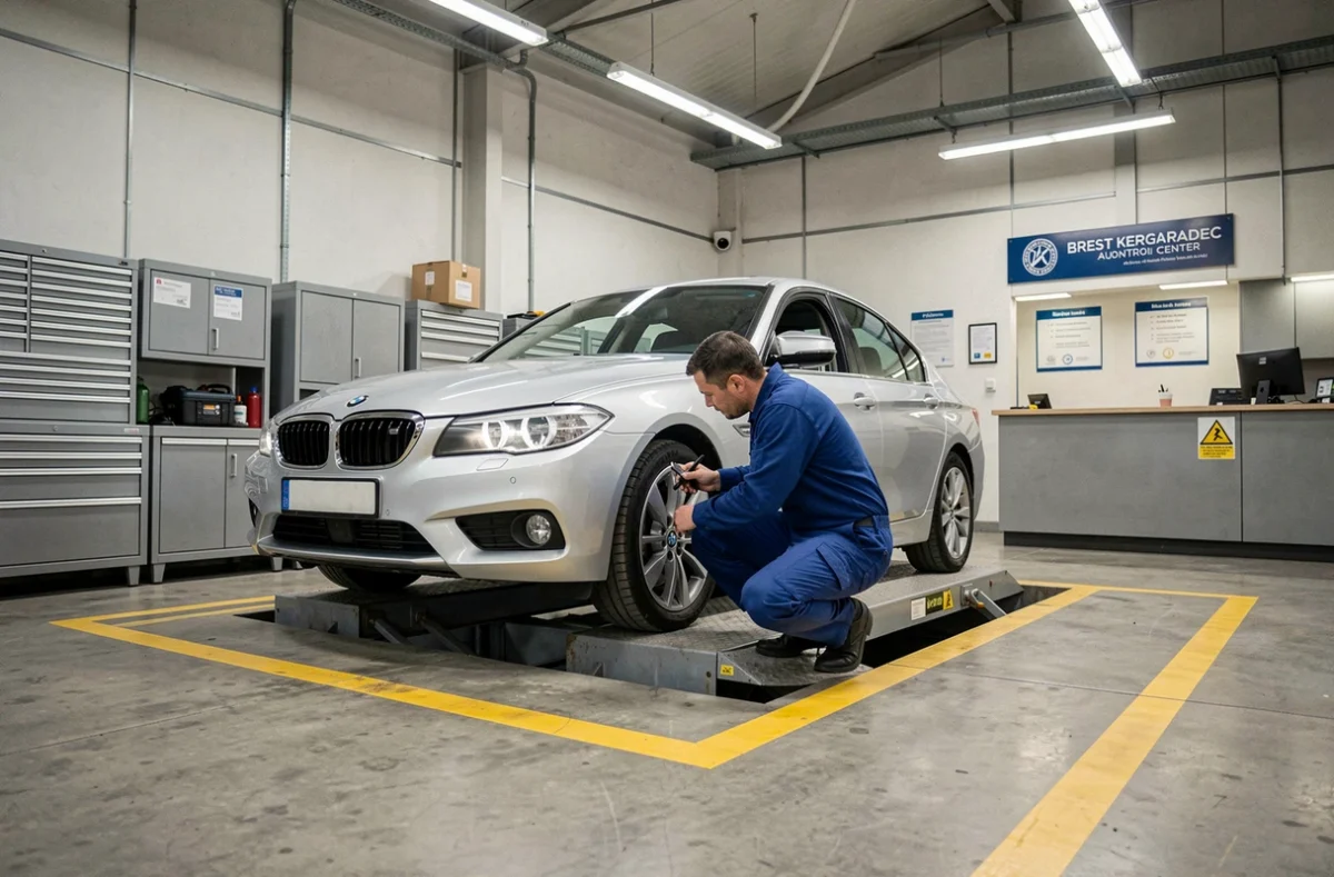 Technicien en uniforme bleu effectuant un contrôle technique sur une voiture au centre Autosur Brest Kergaradec