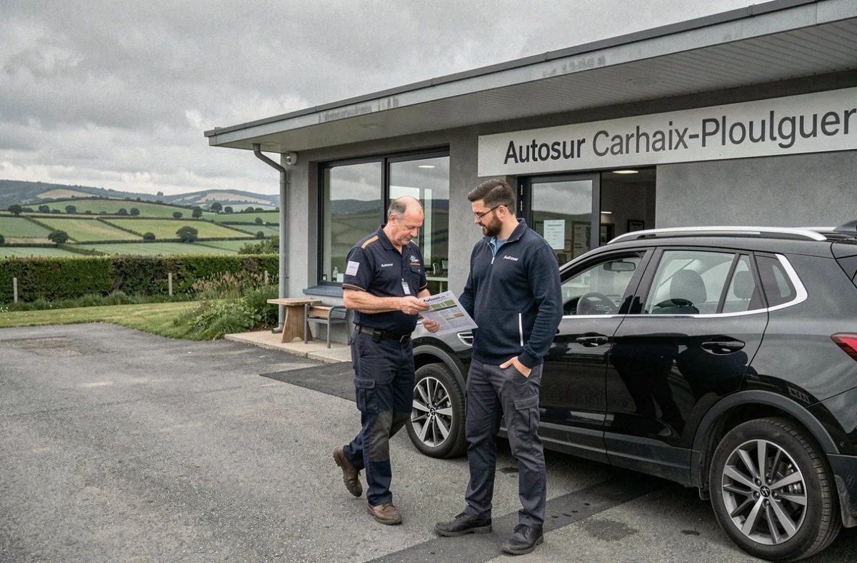 Technicien Autosur expliquant le rapport de contrôle technique à un client devant le centre de Carhaix-Plouguer en centre Finistère