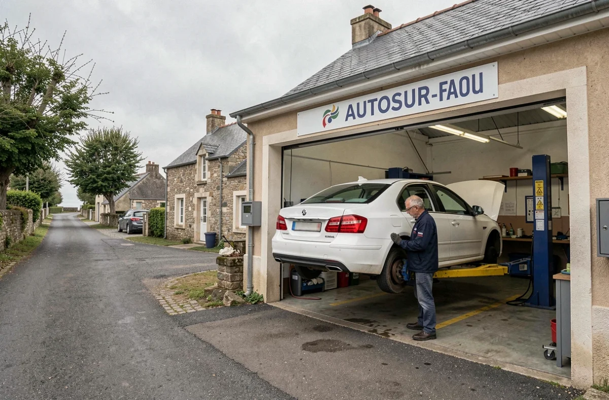 Mécanicien Autosur inspectant le système de freinage d'une berline blanche au centre de contrôle technique de Châteauneuf-du-Faou