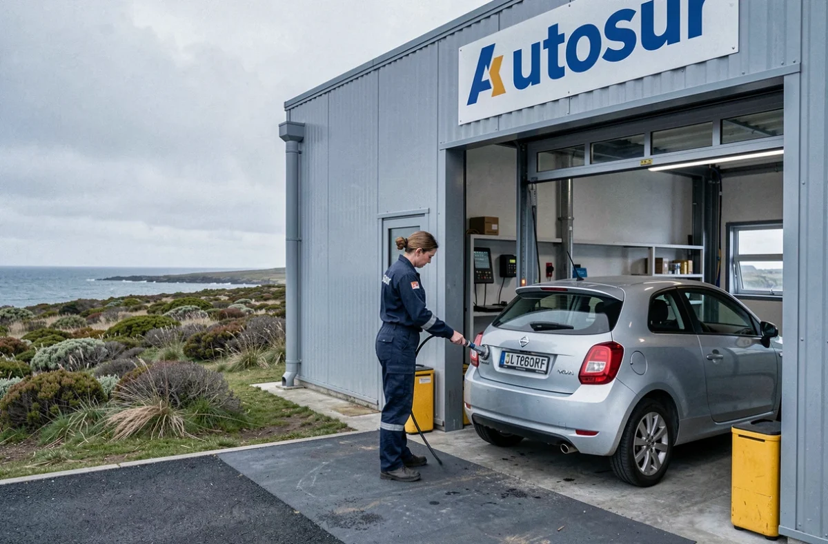 Technicienne Autosur réalisant un test d'émissions sur une voiture au centre de contrôle technique de la presqu'île de Crozon