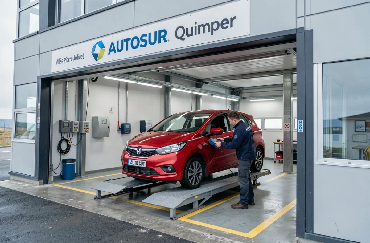 Technicien Autosur contrôlant le dessous d'une voiture rouge sur plateforme de levage au centre Autosur Quimper allée Pierre Jolivet