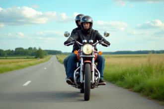 Deux personnes en moto classique dans la campagne en journée