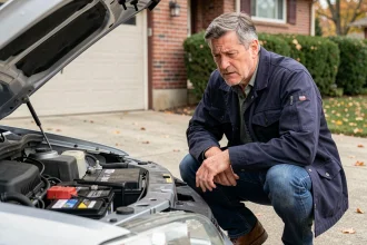 Homme d'une cinquantaine d'années inspectant la batterie déchargée de sa voiture capot ouvert dans une allée résidentielle en automne