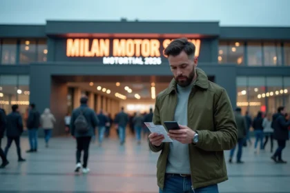 Visiteur tenant un billet d'entrée devant l'entrée du Salon de la Moto de Milan 2026