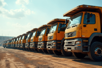 Ligne de camions bennes usagés dans une cour industrielle ensoleillée