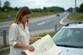 Femme consultant une carte routière de France dépliée sur le capot d'un break garé sur une aire d'autoroute