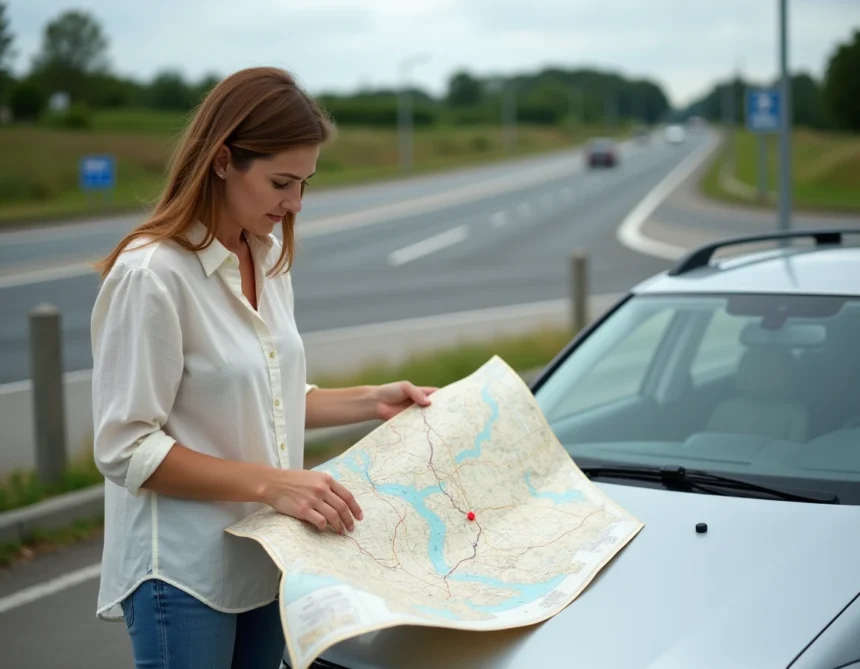Femme consultant une carte routière de France dépliée sur le capot d'un break garé sur une aire d'autoroute