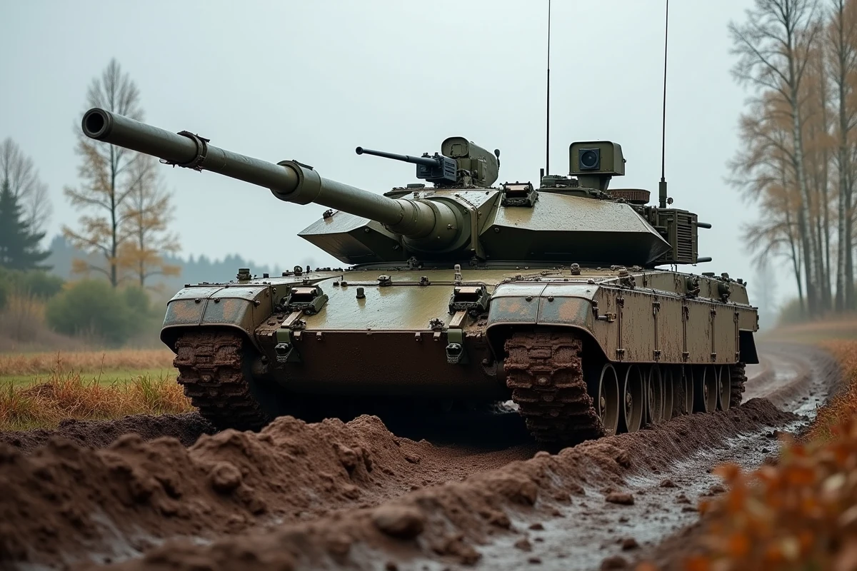 Char Challenger 2 en mouvement dans la boue lors d'un exercice militaire, avec projections de boue sur le châssis et vue des chenilles en action