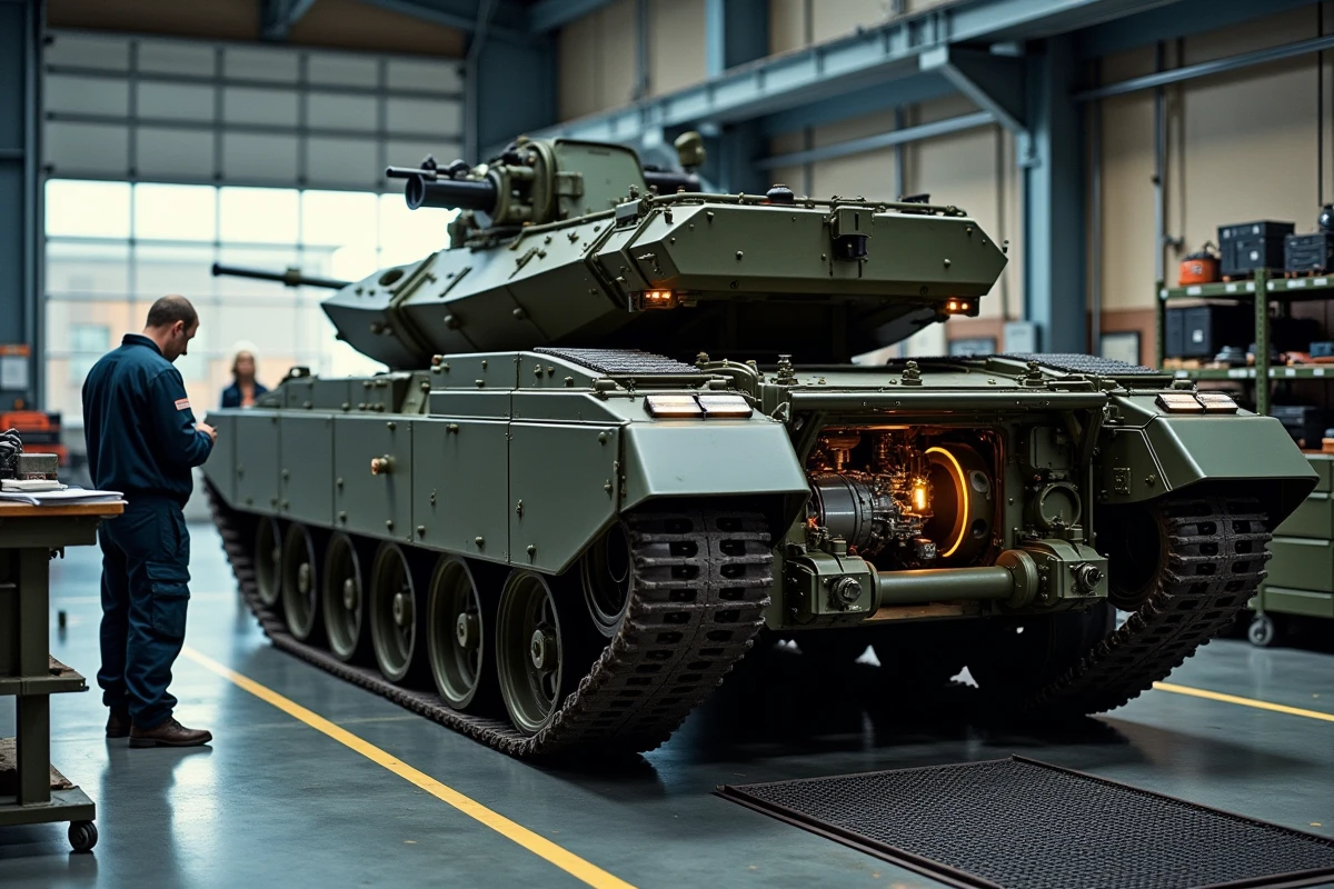 Techniciens militaires inspectant le compartiment moteur Perkins CV12 d'un Challenger 2 dans un hangar de maintenance