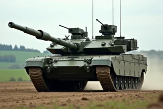 Char Challenger 2 en position sur un terrain d'entraînement britannique, vue trois quarts avant montrant le canon L30A1 et le blindage Chobham
