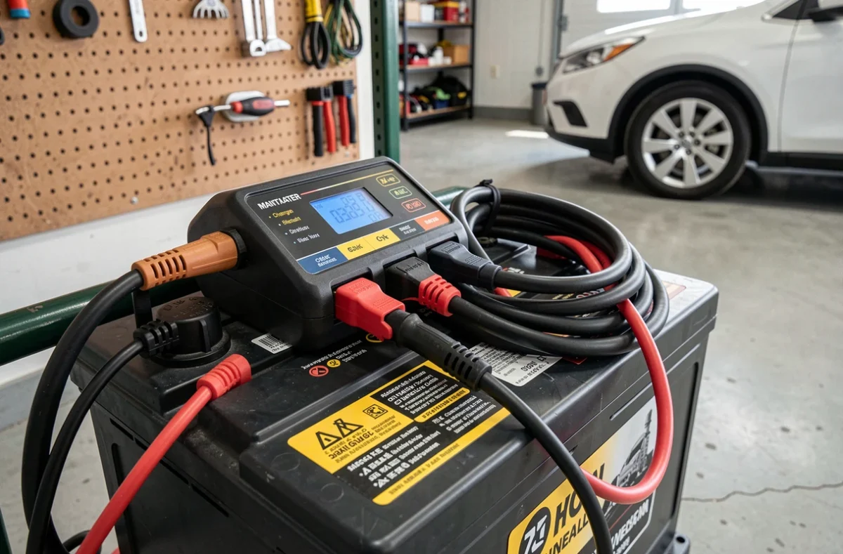 Chargeur de maintien branché sur une batterie de voiture dans un garage bien équipé avec affichage numérique de l'état de charge