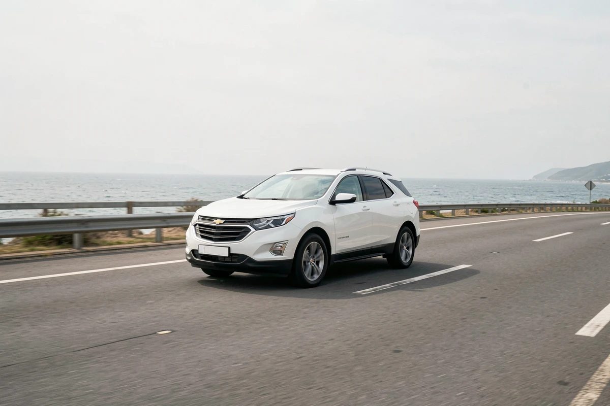 Chevrolet Equinox blanc roulant sur une route côtière, symbole de fiabilité pour les longs trajets parmi les marques de voitures en C