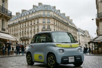 Citroën Ami garée dans une rue urbaine française, vue de trois quarts avant, carrosserie bicolore gris et vert-jaune