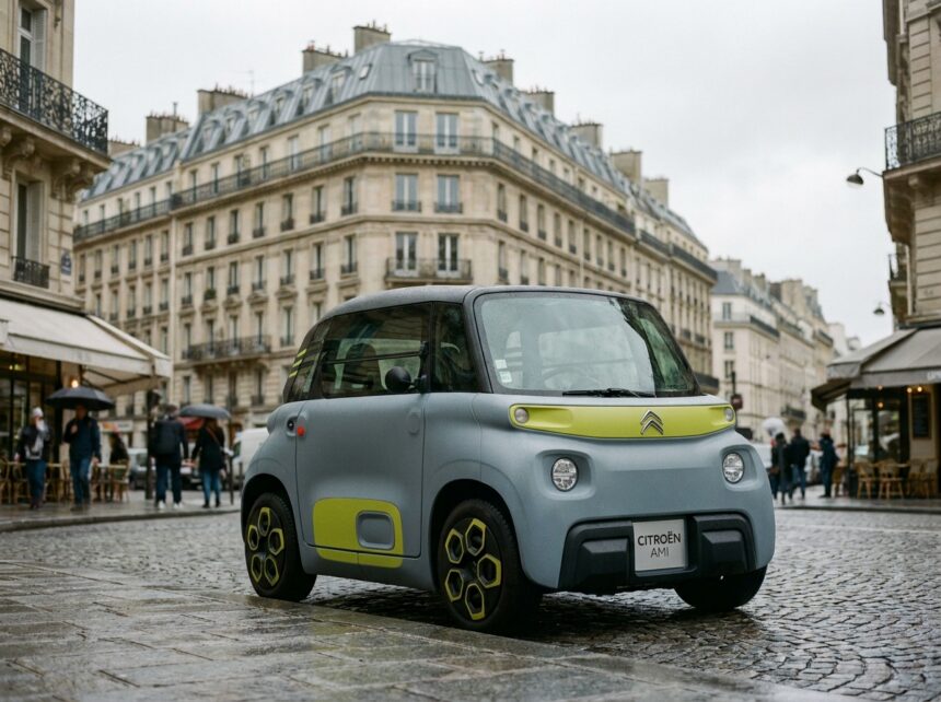 Citroën Ami garée dans une rue urbaine française, vue de trois quarts avant, carrosserie bicolore gris et vert-jaune