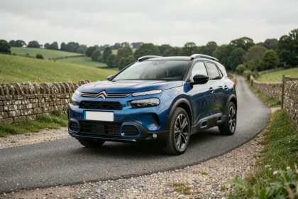 Citroën C5 Aircross bleu garé sur une route de campagne française, illustrant la fiabilité d'une marque de voiture en C