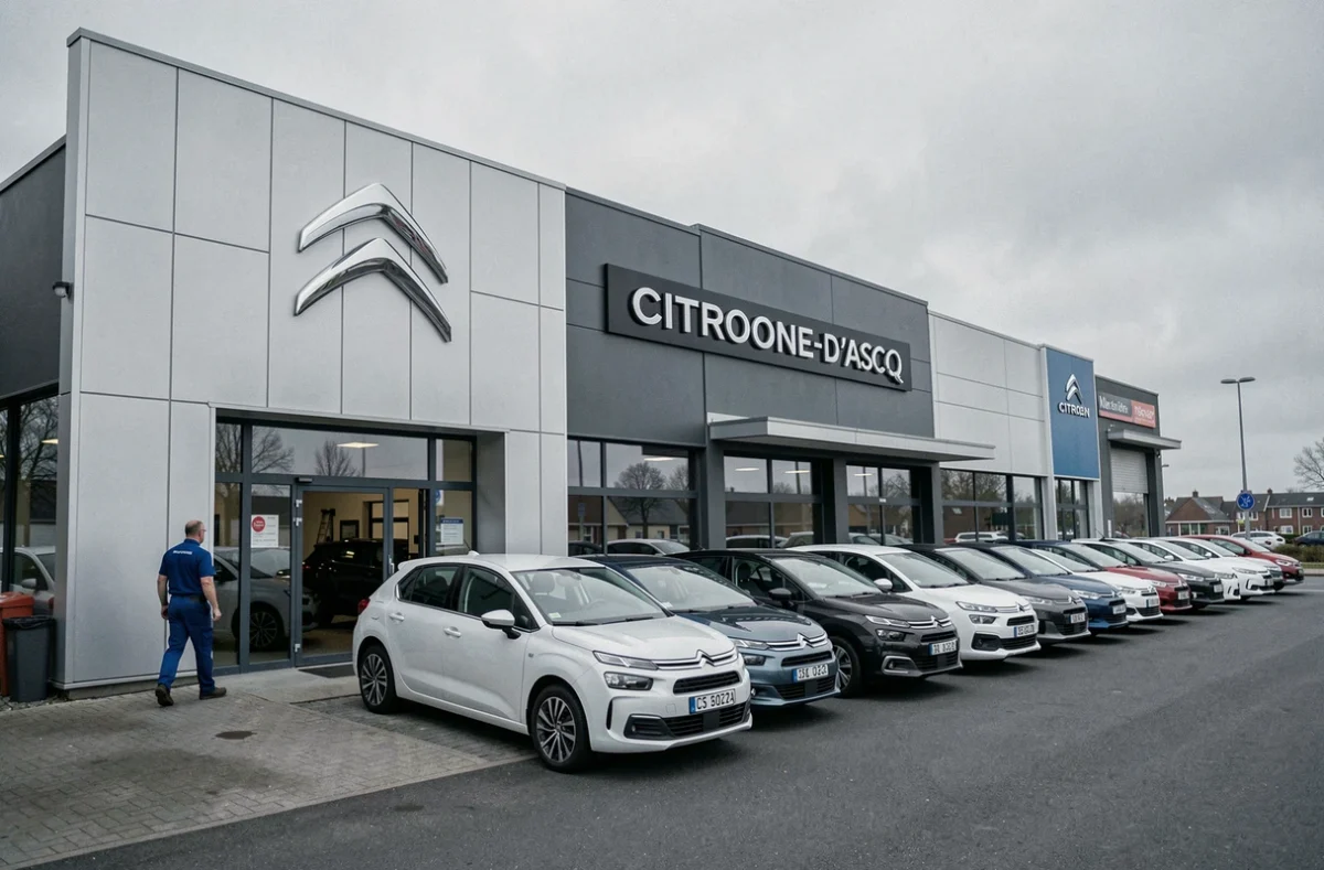 Extérieur du concessionnaire Citroën de Villeneuve-d'Ascq avec une rangée de véhicules neufs sur le parvis