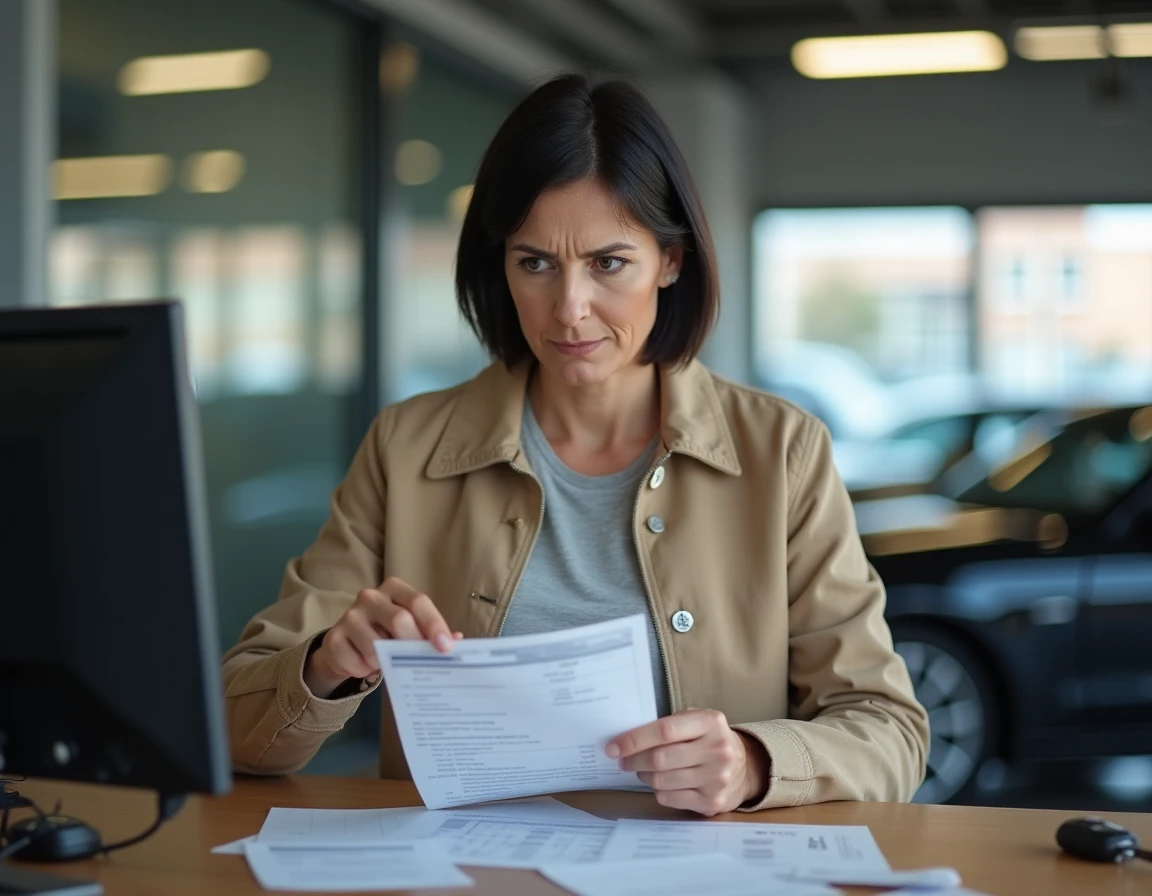 Cliente examinant un devis de remplacement de courroie de distribution à l'accueil d'un garage automobile