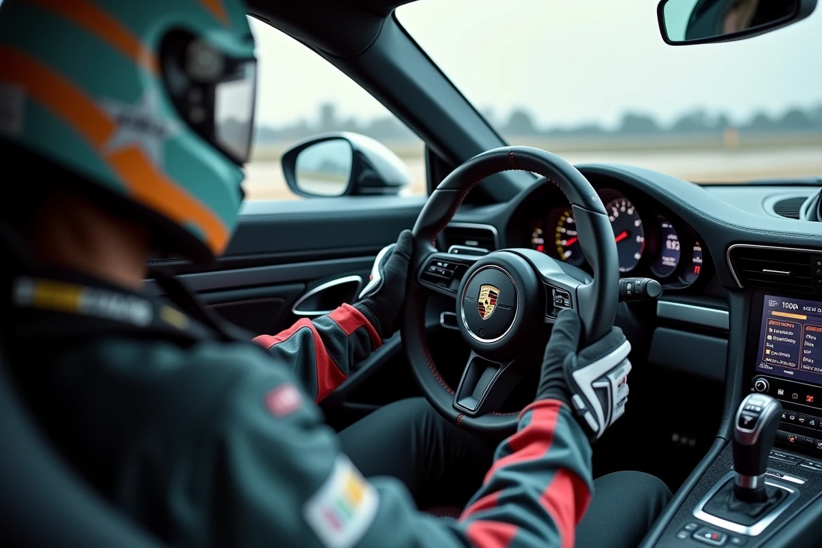 Pilote en tenue de course aux commandes du cockpit d'une Porsche GT3 Cup avec tableau de bord télémétrique