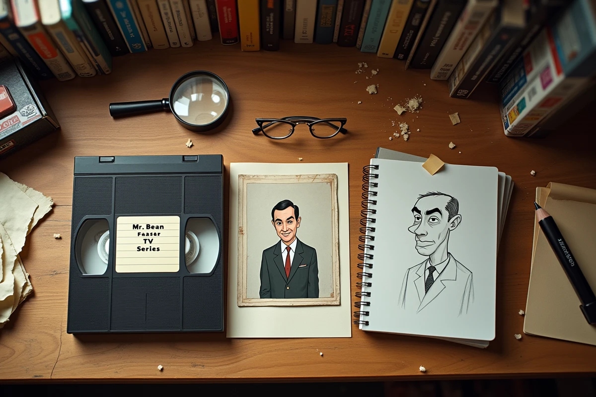 Vue à plat d'une cassette VHS, d'une miniature d'affiche de film et d'un croquis de personnage animé façon Mr. Bean sur un bureau en bois vintage