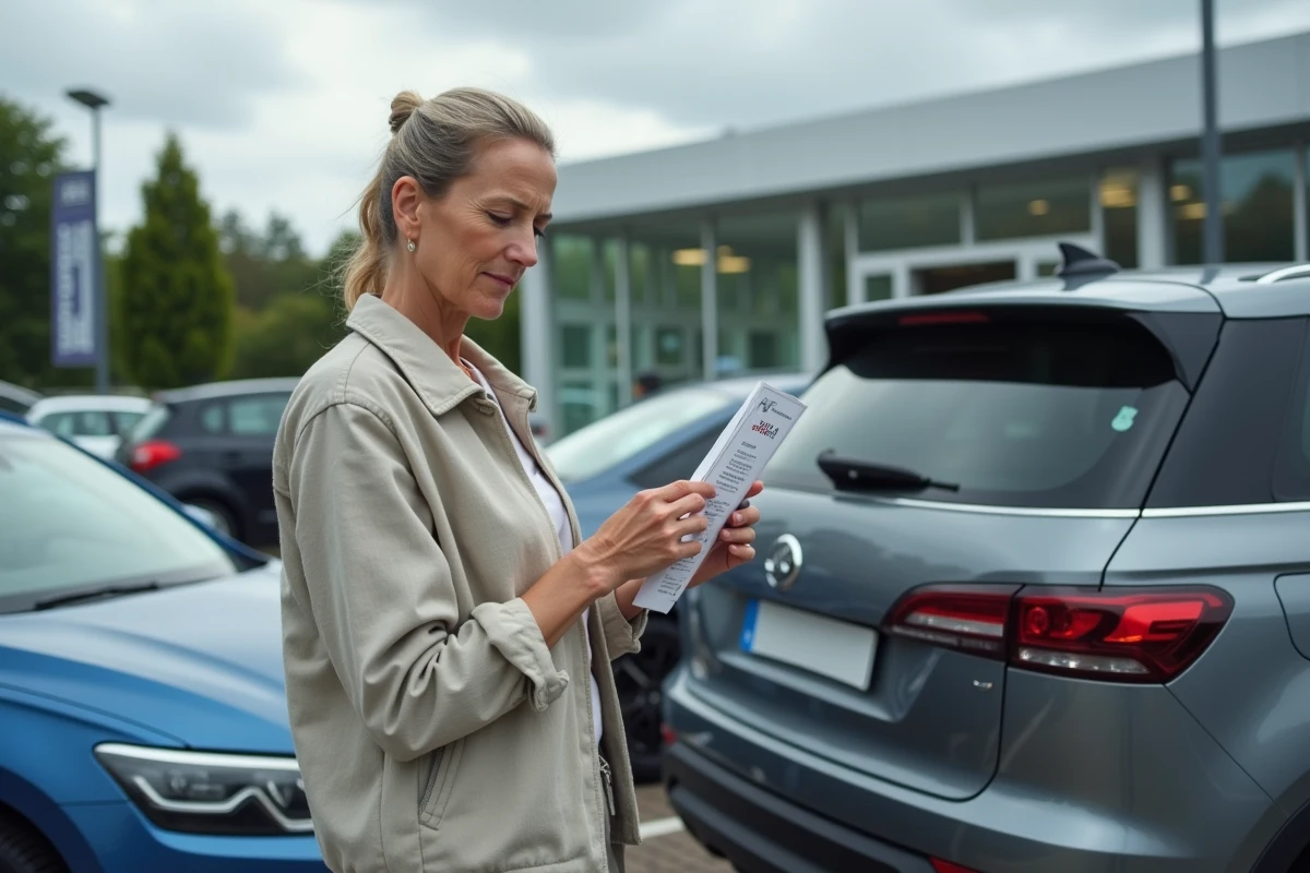 Femme comparant une voiture essence et un SUV hybride dans un parking de concession automobile