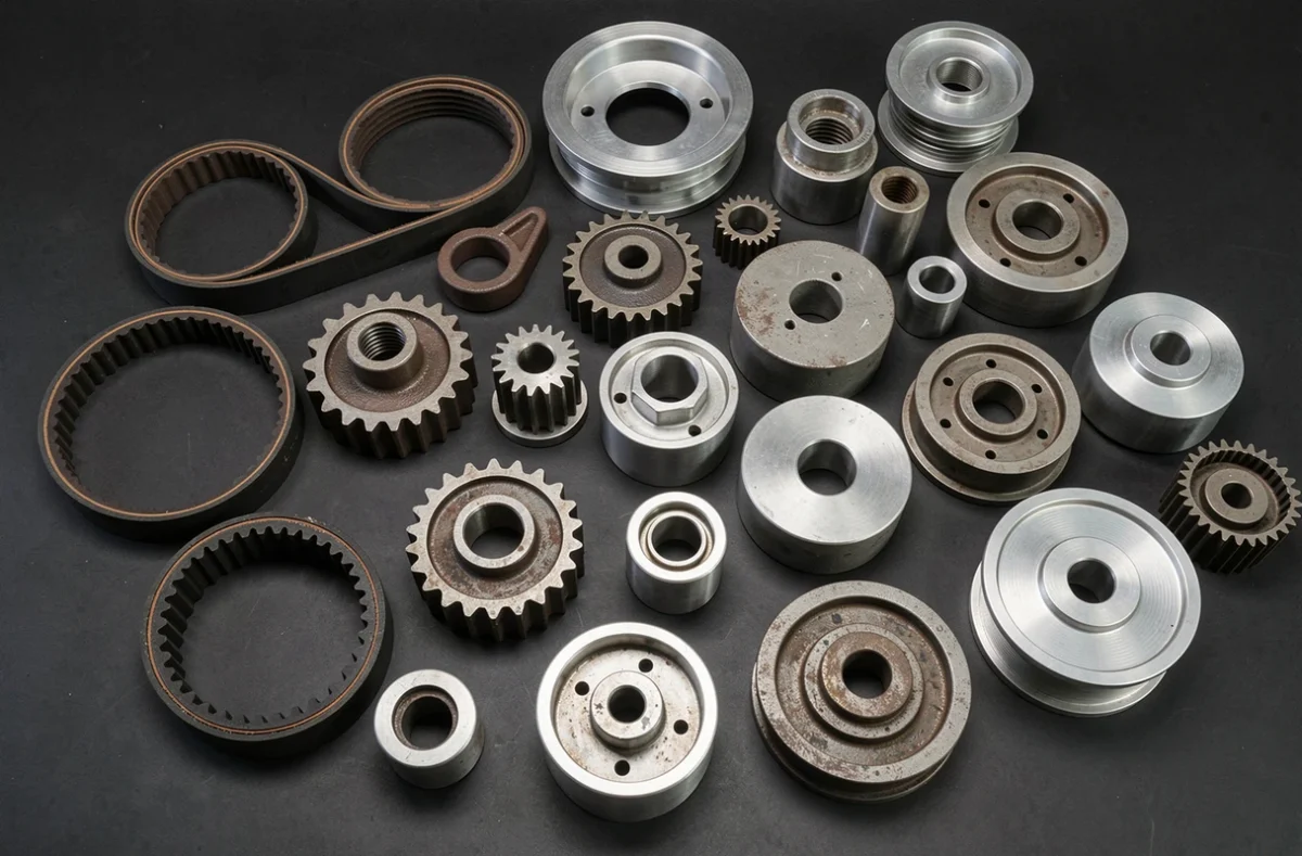Assortiment de composants de transmission mécanique incluant courroies, poulies et engrenages