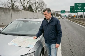 Conducteur français consultant une carte routière à une aire de repos sur l'autoroute