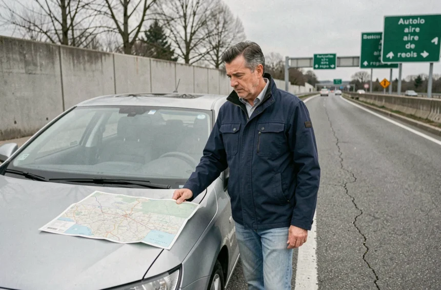 Conducteur français consultant une carte routière à une aire de repos sur l'autoroute