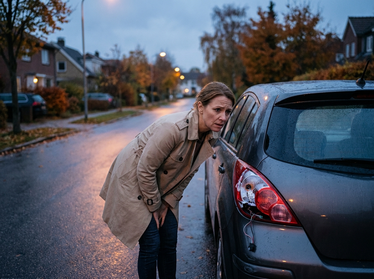 Femme inquiète examinant le feu arrière cassé de sa voiture garée en bord de route
