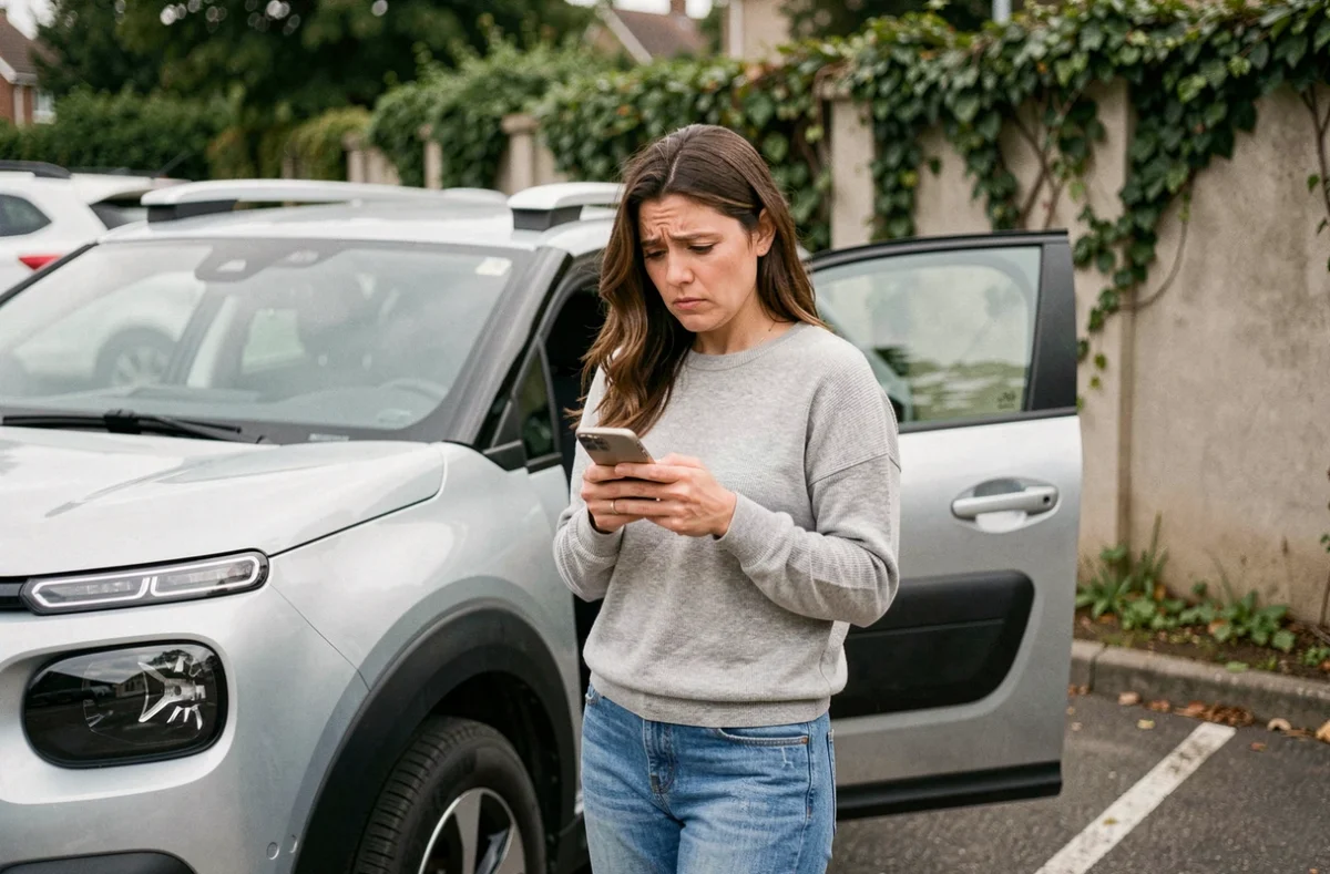 Conductrice inquiète consultant son téléphone face à un problème de verrouillage de porte sur sa C3 Aircross