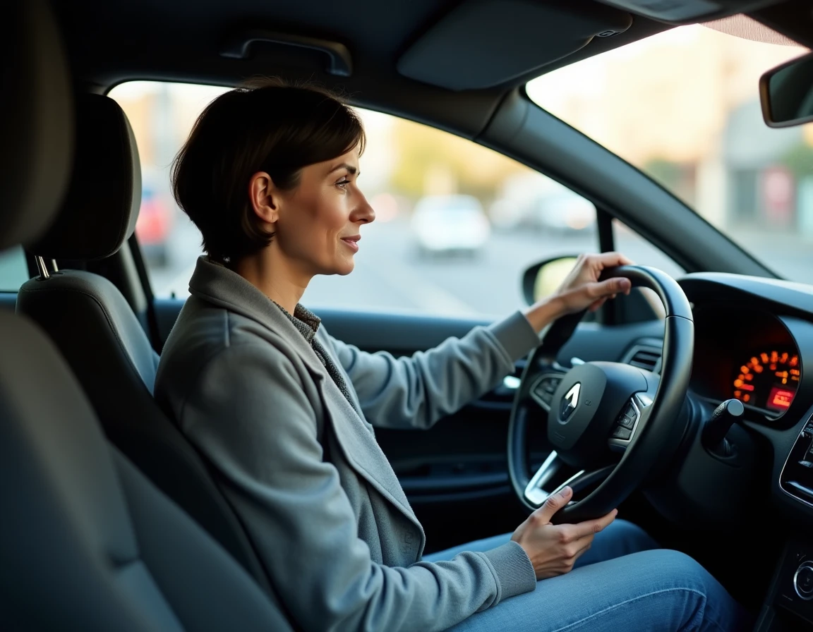 Conductrice face au voyant du Stop and Start défaillant sur le tableau de bord d'une Renault Clio 4