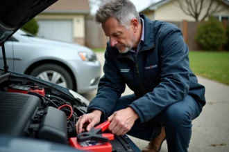 Homme connectant des pinces de batterie voiture rouge et noire sur une batterie automobile dans une allée résidentielle