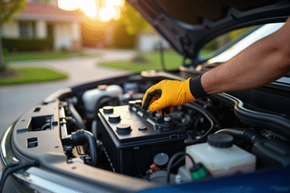 Personne vérifiant la batterie sous le capot d'une voiture moderne