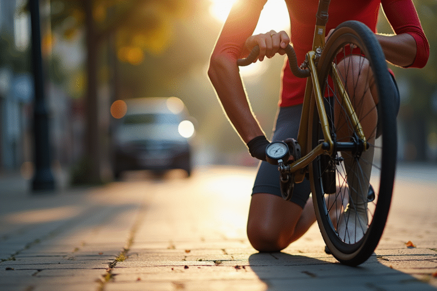 Personne vérifiant la pression d'un pneu de vélo en ville