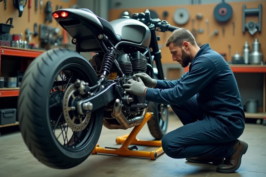 Mécanicien inspectant le système de freinage d'une moto lors d'un contrôle technique en atelier